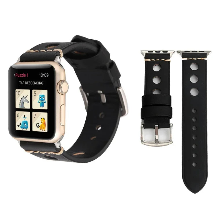 สายรัดนาฬิกาหนังแท้สไตล์วินเทจแบบเจาะรู สำหรับ Apple Watch Series 10 ขนาด 42 มม. / 9&8&7 ขนาด 41 มม. / SE 3&SE 2&6&SE&5&4 ขนาด 40 มม. / 3&2&1 ขนาด 38 มม. สำหรับขนาด 38 มม.