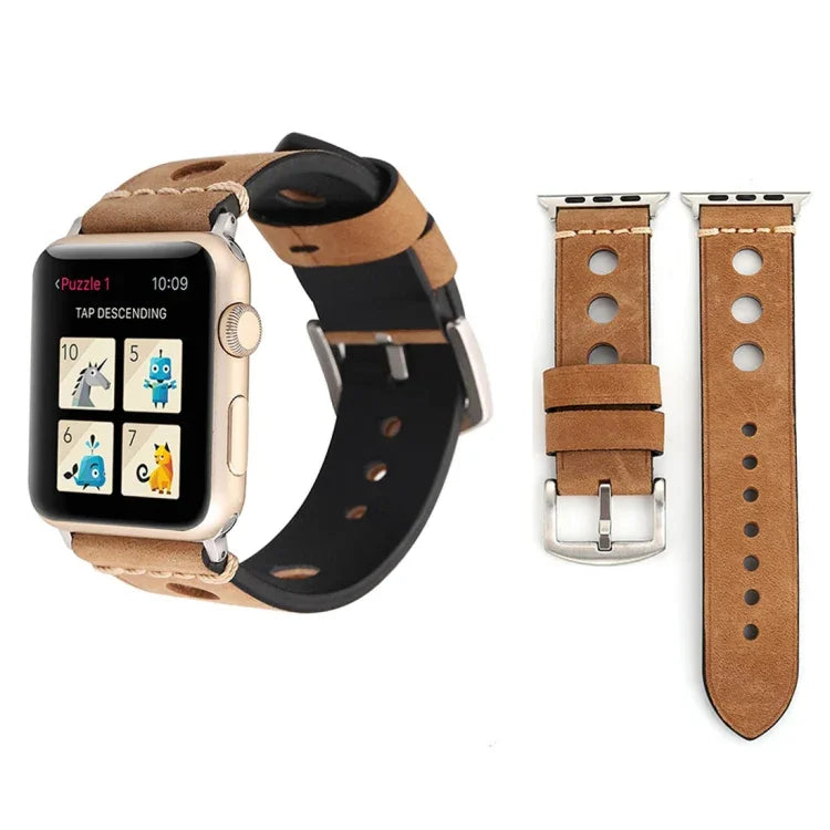 สายรัดนาฬิกาหนังแท้สไตล์วินเทจแบบเจาะรู สำหรับ Apple Watch Series 10 ขนาด 42 มม. / 9&8&7 ขนาด 41 มม. / SE 3&SE 2&6&SE&5&4 ขนาด 40 มม. / 3&2&1 ขนาด 38 มม. สำหรับขนาด 38 มม.
