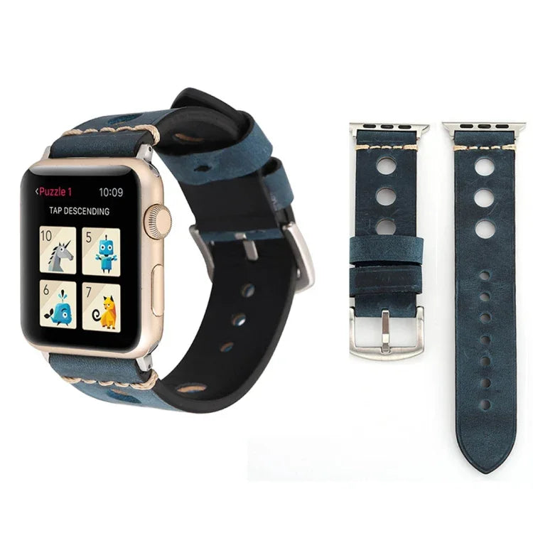สายรัดนาฬิกาหนังแท้สไตล์วินเทจแบบเจาะรู สำหรับ Apple Watch Series 10 ขนาด 42 มม. / 9&8&7 ขนาด 41 มม. / SE 3&SE 2&6&SE&5&4 ขนาด 40 มม. / 3&2&1 ขนาด 38 มม. สำหรับขนาด 38 มม.