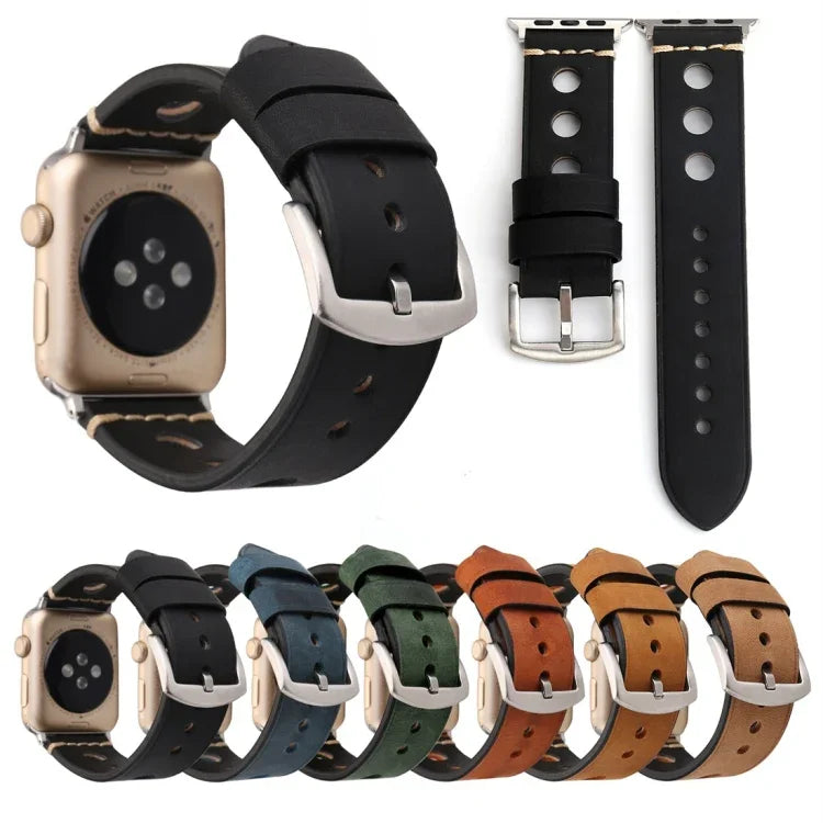 สายรัดนาฬิกาหนังแท้สไตล์วินเทจแบบเจาะรู สำหรับ Apple Watch Series 10 ขนาด 42 มม. / 9&8&7 ขนาด 41 มม. / SE 3&SE 2&6&SE&5&4 ขนาด 40 มม. / 3&2&1 ขนาด 38 มม. สำหรับขนาด 38 มม.