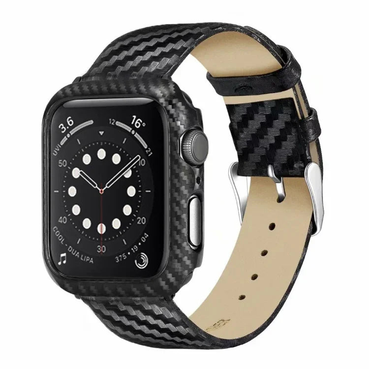 สายหนังแท้ลายคาร์บอนไฟเบอร์พร้อมกรอบสำหรับ Apple Watch Series 3 & 2 & 1 ขนาด 42 มม.