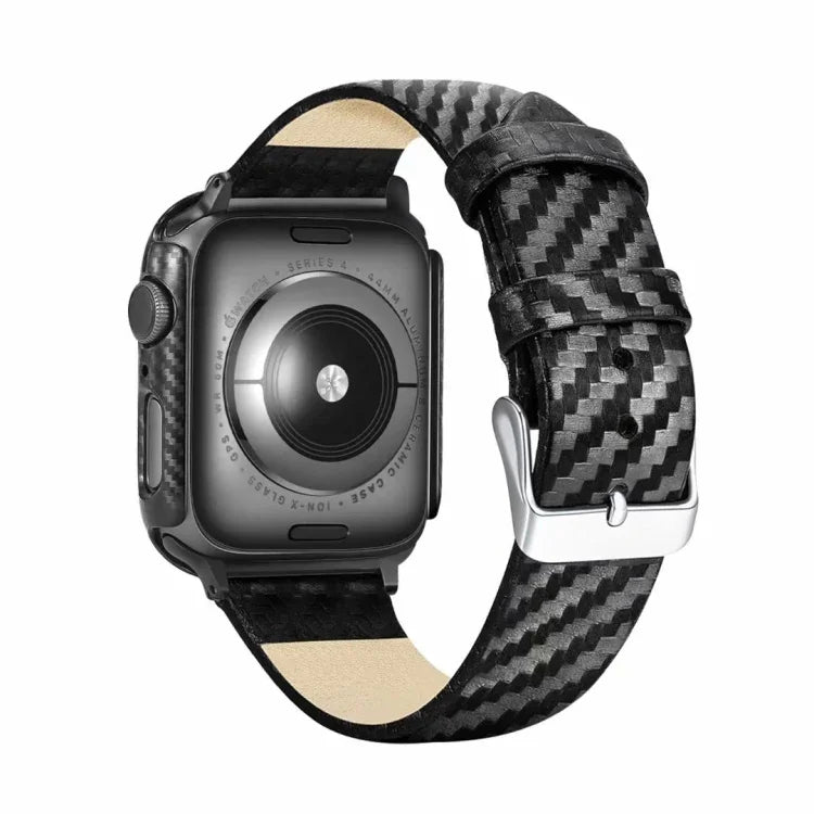 สายหนังแท้ลายคาร์บอนไฟเบอร์พร้อมกรอบสำหรับ Apple Watch Series 3 & 2 & 1 ขนาด 42 มม.