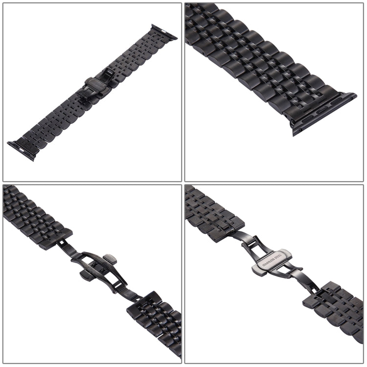 สายนาฬิกาสแตนเลส 7 เม็ดพร้อมหัวเข็มขัดผีเสื้อซ่อนสำหรับ Apple Watch ขนาด 42 มม. (สีเงินทอง) ขนาด 20 มม. สำหรับผู้หญิง