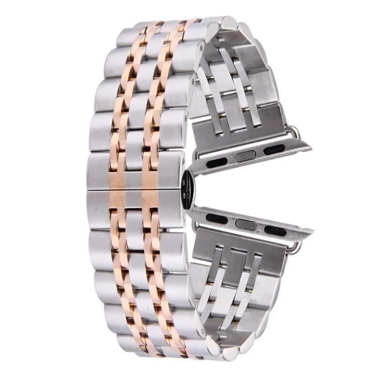 สายนาฬิกาสแตนเลส 7 เม็ดพร้อมหัวเข็มขัดผีเสื้อซ่อนสำหรับ Apple Watch ขนาด 42 มม. (สีเงินทอง) ขนาด 20 มม. สำหรับผู้หญิง