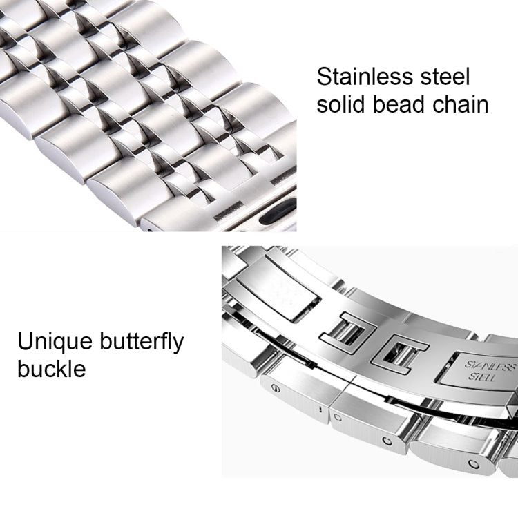 สายนาฬิกาสแตนเลส 7 เม็ดพร้อมหัวเข็มขัดผีเสื้อซ่อนสำหรับ Apple Watch ขนาด 42 มม. (สีเงินทอง) ขนาด 20 มม. สำหรับผู้หญิง
