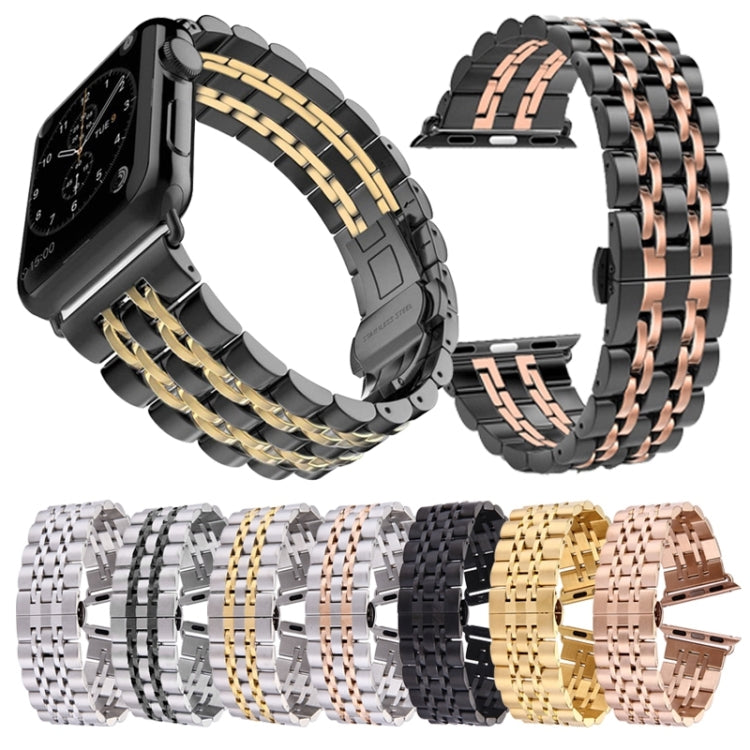 สายนาฬิกาสแตนเลส 7 เม็ดพร้อมหัวเข็มขัดผีเสื้อซ่อนสำหรับ Apple Watch ขนาด 42 มม. (สีเงินทอง) ขนาด 20 มม. สำหรับผู้หญิง