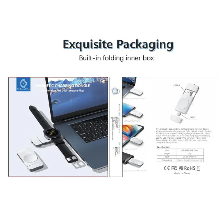 ที่ชาร์จไร้สายแม่เหล็ก U8S USB / Type-C ชาร์จเร็วสำหรับ Samsung Watch 3 / 4, 4 Classic, Active 1 / 2