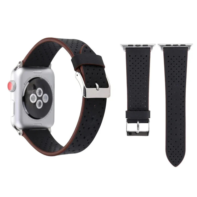 สายรัดนาฬิกาหนังแท้ลายรูแบบแฟชั่นเรียบง่ายสำหรับ Apple Watch Series 10 42 มม. / 9&8&7 41 มม. / SE 3&SE 2&6&SE&5&4 40 มม. / 3&2&1 38 มม. ขนาด 38 มม.
