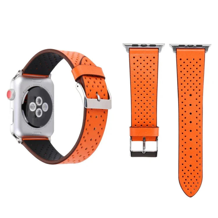 สายรัดนาฬิกาหนังแท้ลายรูแบบแฟชั่นเรียบง่ายสำหรับ Apple Watch Series 10 42 มม. / 9&8&7 41 มม. / SE 3&SE 2&6&SE&5&4 40 มม. / 3&2&1 38 มม. ขนาด 38 มม.