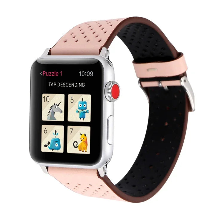 สายรัดนาฬิกาหนังแท้ลายรูแบบแฟชั่นเรียบง่ายสำหรับ Apple Watch Series 10 42 มม. / 9&8&7 41 มม. / SE 3&SE 2&6&SE&5&4 40 มม. / 3&2&1 38 มม. ขนาด 38 มม.