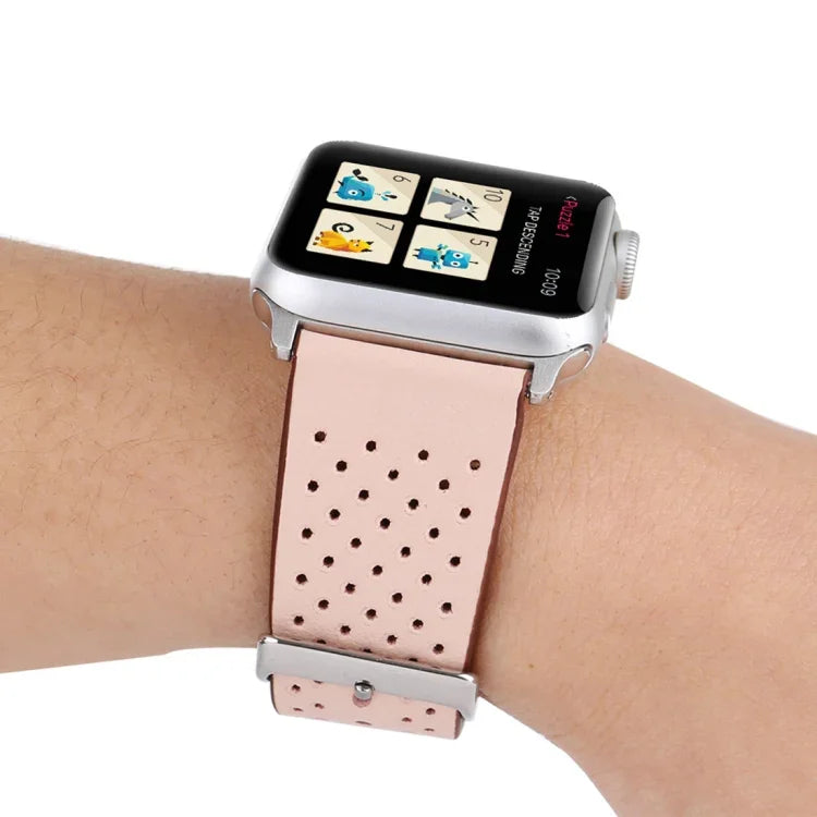 สายรัดนาฬิกาหนังแท้ลายรูแบบแฟชั่นเรียบง่ายสำหรับ Apple Watch Series 10 42 มม. / 9&8&7 41 มม. / SE 3&SE 2&6&SE&5&4 40 มม. / 3&2&1 38 มม. ขนาด 38 มม.