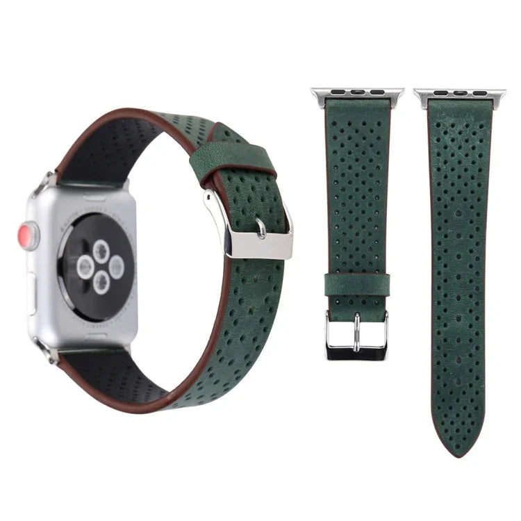 สายรัดนาฬิกาหนังแท้ลายรูแบบแฟชั่นเรียบง่ายสำหรับ Apple Watch Series 10 42 มม. / 9&8&7 41 มม. / SE 3&SE 2&6&SE&5&4 40 มม. / 3&2&1 38 มม. ขนาด 38 มม.