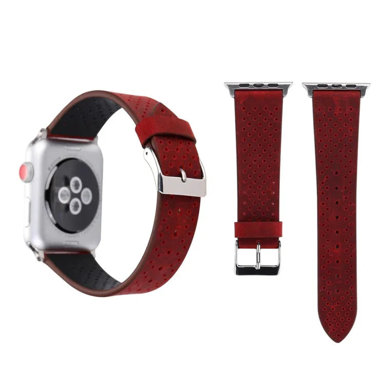 สายรัดนาฬิกาหนังแท้ลายรูแบบแฟชั่นเรียบง่ายสำหรับ Apple Watch Series 10 42 มม. / 9&8&7 41 มม. / SE 3&SE 2&6&SE&5&4 40 มม. / 3&2&1 38 มม. ขนาด 38 มม.