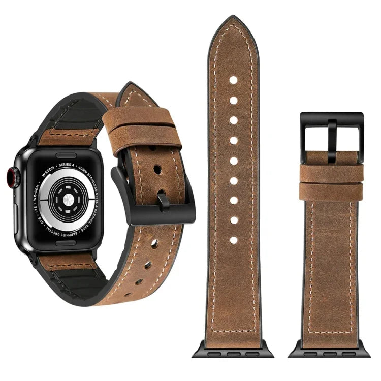 สายรัดนาฬิกา TPU ลายหนังม้าบ้า + สแตนเลส สำหรับ Apple Watch Series 7 41mm / 6 & SE & 5 & 4 40mm / 3 & 2 & 1 38mm, 40mm