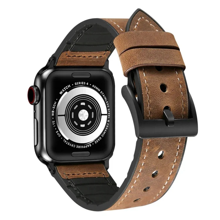 สายรัดนาฬิกา TPU ลายหนังม้าบ้า + สแตนเลส สำหรับ Apple Watch Series 7 41mm / 6 & SE & 5 & 4 40mm / 3 & 2 & 1 38mm, 40mm