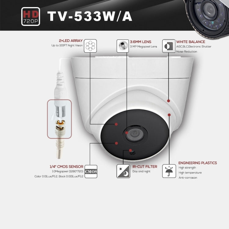 กล้อง AHD เลนส์ 3.6 มม. 3MP กันน้ำ ได้รับการรับรอง CE & RoHS พร้อมไฟ LED อินฟราเรด 2 ชุด รองรับการมองเห็นกลางคืนและสมดุลสีขาว รุ่น 533A-H2, 533A-W, 533A-L