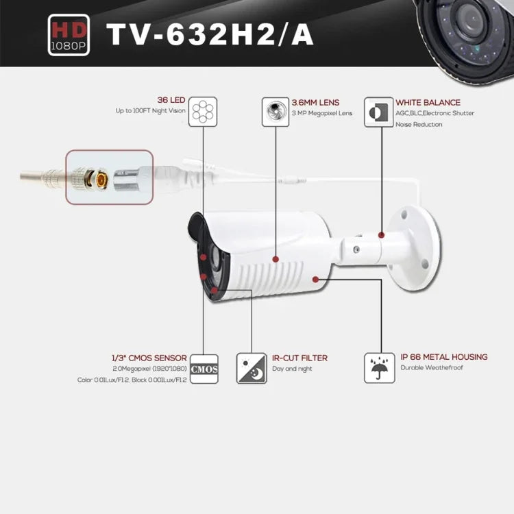 กล้อง AHD กันน้ำ 3.6 มม. 5MP รุ่น 632A-H2 ได้รับการรับรอง CE & RoHS พร้อมไฟ LED อินฟราเรด 36 ดวง รองรับการมองเห็นในที่มืดและการปรับสมดุลสีขาว 632A-H2, 632A-W, 632A-L