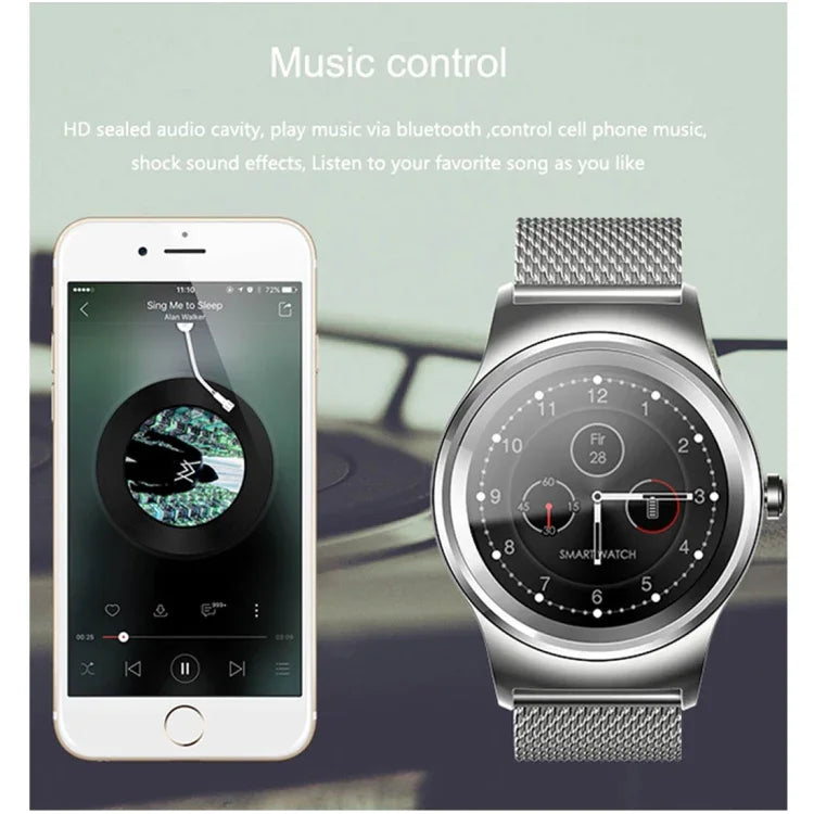 นาฬิกาอัจฉริยะ Bluetooth หน้าจอสัมผัสสีขนาด 1.28 นิ้ว SMA-Round กันน้ำ รองรับการควบคุมด้วยเสียง / ตรวจวัดอัตราการเต้นของหัวใจ / ติดตามการนอนหลับ / กล้อง Bluetooth, ใช้งานได้กับระบบ Android และ iOS, SMA-Round/สายหนังสีส้ม, SMA-Round/สายหนังสีเงิน