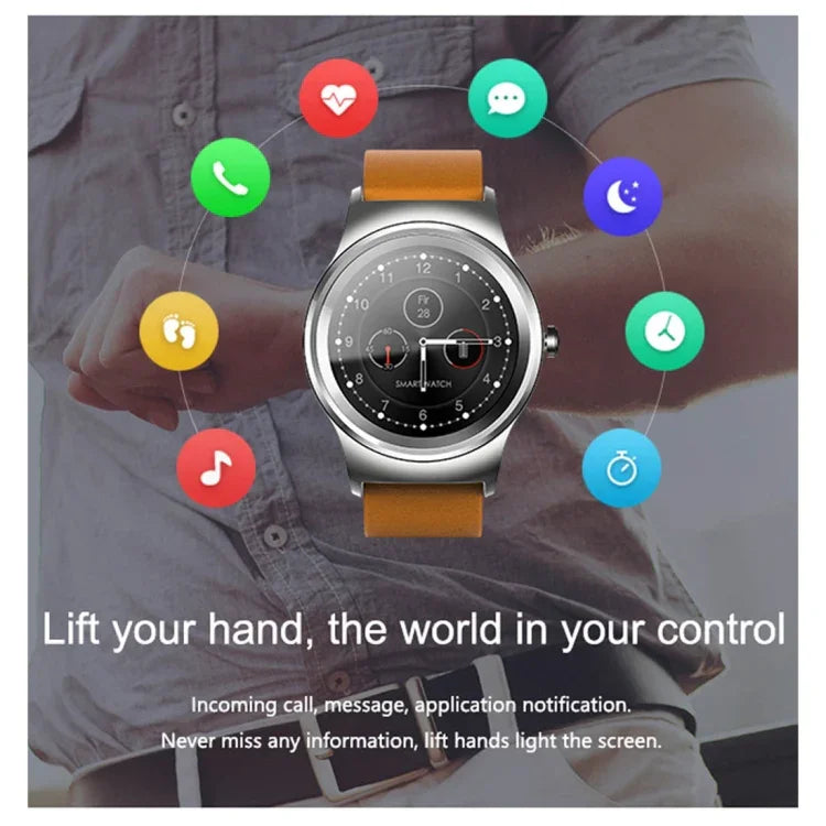 นาฬิกาอัจฉริยะ Bluetooth หน้าจอสัมผัสสีขนาด 1.28 นิ้ว SMA-Round กันน้ำ รองรับการควบคุมด้วยเสียง / ตรวจวัดอัตราการเต้นของหัวใจ / ติดตามการนอนหลับ / กล้อง Bluetooth, ใช้งานได้กับระบบ Android และ iOS, SMA-Round/สายหนังสีส้ม, SMA-Round/สายหนังสีเงิน