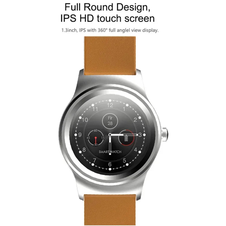 นาฬิกาอัจฉริยะ Bluetooth หน้าจอสัมผัสสีขนาด 1.28 นิ้ว SMA-Round กันน้ำ รองรับการควบคุมด้วยเสียง / ตรวจวัดอัตราการเต้นของหัวใจ / ติดตามการนอนหลับ / กล้อง Bluetooth, ใช้งานได้กับระบบ Android และ iOS, SMA-Round/สายหนังสีส้ม, SMA-Round/สายหนังสีเงิน