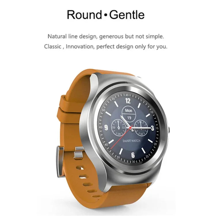 นาฬิกาอัจฉริยะ Bluetooth หน้าจอสัมผัสสีขนาด 1.28 นิ้ว SMA-Round กันน้ำ รองรับการควบคุมด้วยเสียง / ตรวจวัดอัตราการเต้นของหัวใจ / ติดตามการนอนหลับ / กล้อง Bluetooth, ใช้งานได้กับระบบ Android และ iOS, SMA-Round/สายหนังสีส้ม, SMA-Round/สายหนังสีเงิน