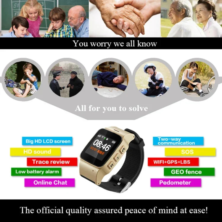 นาฬิกาอัจฉริยะ GPS หน้าจอ HD LCD ขนาด 1.22 นิ้ว D99+ สำหรับผู้สูงอายุ กันน้ำ รองรับ GPS + LBS + WiFi ระบุตำแหน่ง / โทรสองทาง / ตรวจสอบเสียง / ปุ่มกดฉุกเฉิน / แจ้งเตือนถอดนาฬิกา / รั้วความปลอดภัย, D99+ สีโรสโกลด์