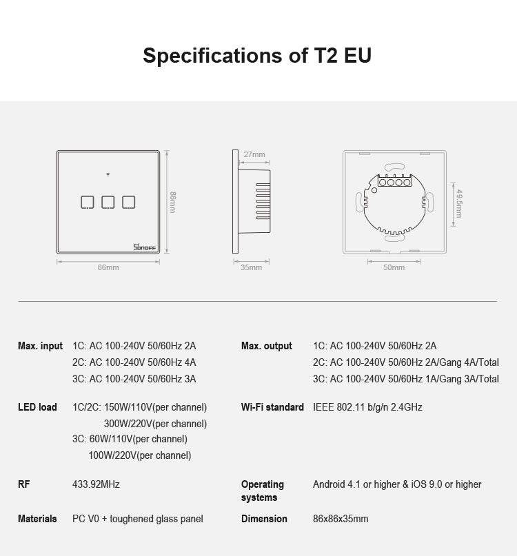 สวิตช์ผนังแบบสัมผัส Sonoff T2 ขนาด 86 มม. แผงกระจกนิรภัย สำหรับสมาร์ทโฮม รองรับ Alexa และ Google Home แรงดันไฟฟ้า AC 100V-240V ปลั๊ก EU ขนาด 86 มม.