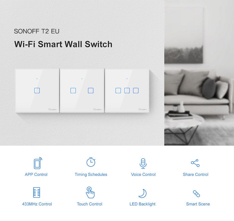 สวิตช์ผนังกระจกนิรภัย Sonoff T2 Touch ขนาด 86 มม. สำหรับบ้านอัจฉริยะ รองรับ Alexa และ Google Home, AC 100V-240V, ปลั๊ก EU, ขนาด 86 มม. / 2 ปลั๊ก EU