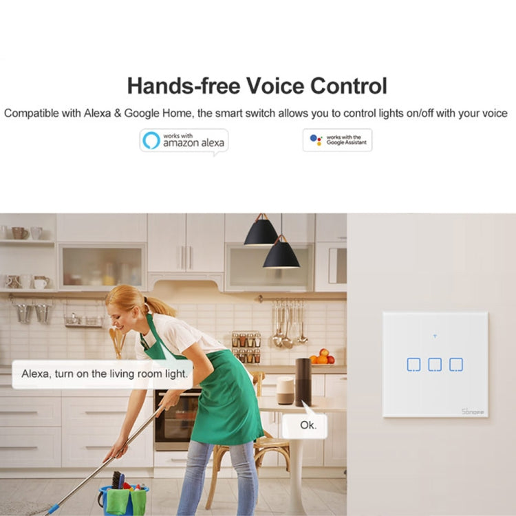 สวิตช์ผนังกระจกนิรภัย Sonoff T2 Touch ขนาด 86 มม. สำหรับบ้านอัจฉริยะ รองรับ Alexa และ Google Home, AC 100V-240V, ปลั๊ก EU, ขนาด 86 มม. / 2 ปลั๊ก EU