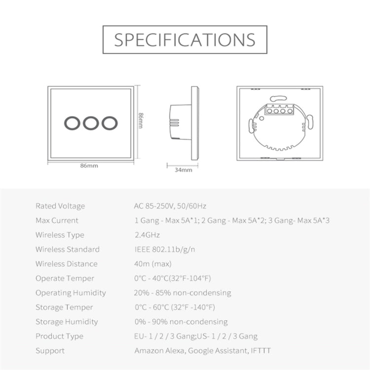 สวิตช์ควบคุมไฟอัจฉริยะไร้สาย WiFi NEO NAS-SC03W EU 3 ช่อง, 3 ช่อง