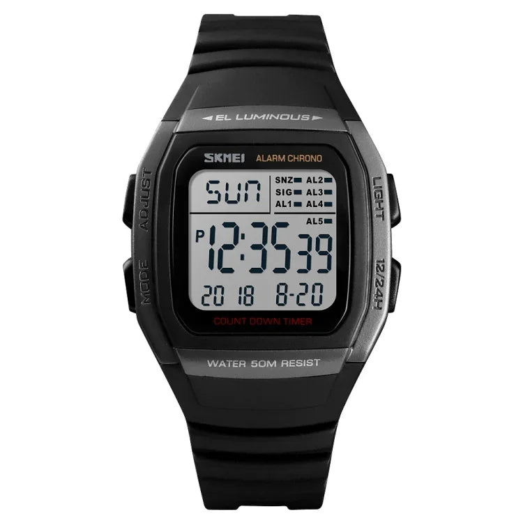 SKMEI 1278 นาฬิกาดิจิทัลแฟชั่นสำหรับกลางแจ้ง กันน้ำ 50 ม. นาฬิกาข้อมือกีฬา สำหรับนักเรียน รองรับนาฬิกาปลุก 5 กลุ่ม (ไทเทเนียม) SKMEI 1278