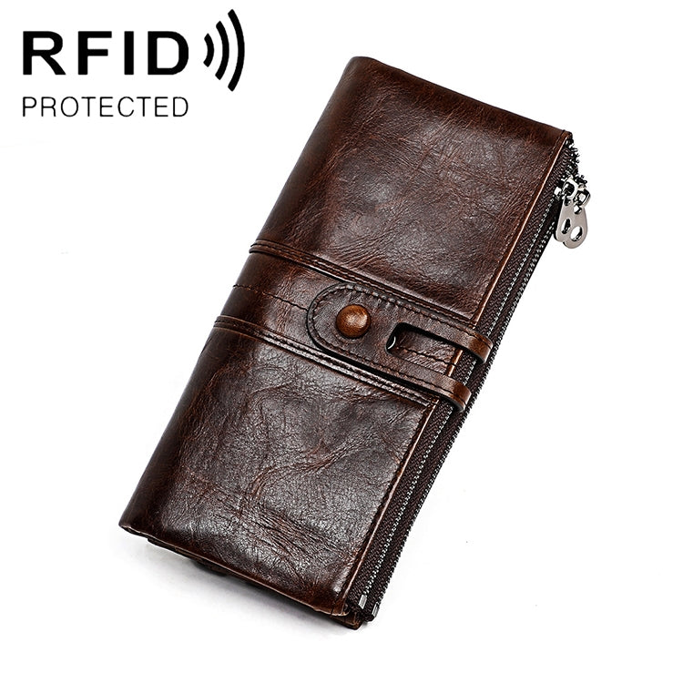 กระเป๋าสตางค์หนังวัวพับยาว 3520 ป้องกันคลื่นแม่เหล็ก RFID สำหรับผู้หญิง พร้อมช่องใส่บัตร, สีแดง 3520, สีน้ำตาลเหลือง 3520, สีดำ 3520, สีกาแฟ 3520, สีน้ำเงิน 3520