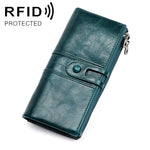 กระเป๋าสตางค์หนังวัวพับยาว 3520 ป้องกันคลื่นแม่เหล็ก RFID สำหรับผู้หญิง พร้อมช่องใส่บัตร, สีแดง 3520, สีน้ำตาลเหลือง 3520, สีดำ 3520, สีกาแฟ 3520, สีน้ำเงิน 3520