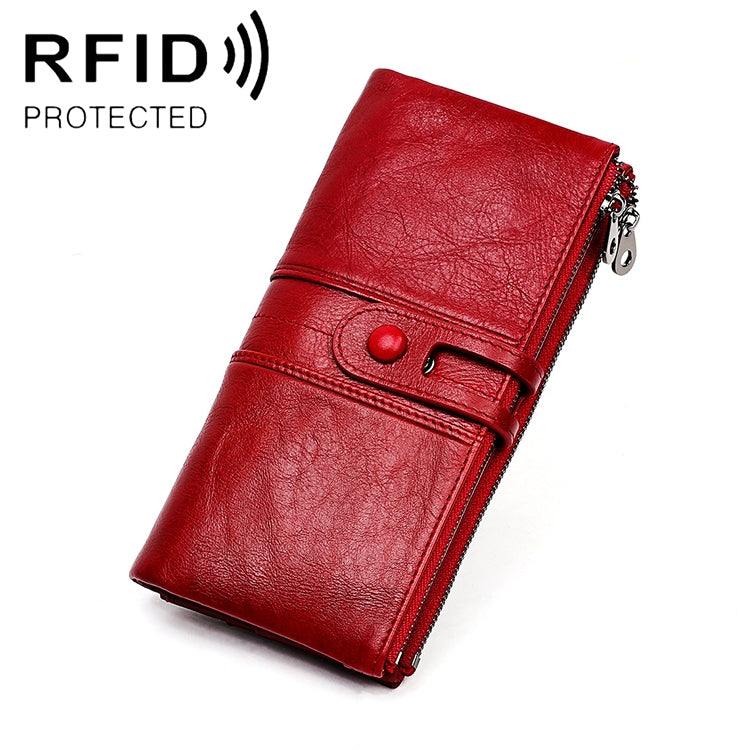 กระเป๋าสตางค์หนังวัวพับยาว 3520 ป้องกันคลื่นแม่เหล็ก RFID สำหรับผู้หญิง พร้อมช่องใส่บัตร, สีแดง 3520, สีน้ำตาลเหลือง 3520, สีดำ 3520, สีกาแฟ 3520, สีน้ำเงิน 3520