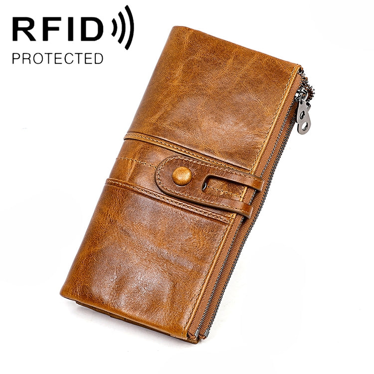 กระเป๋าสตางค์หนังวัวพับยาว 3520 ป้องกันคลื่นแม่เหล็ก RFID สำหรับผู้หญิง พร้อมช่องใส่บัตร, สีแดง 3520, สีน้ำตาลเหลือง 3520, สีดำ 3520, สีกาแฟ 3520, สีน้ำเงิน 3520
