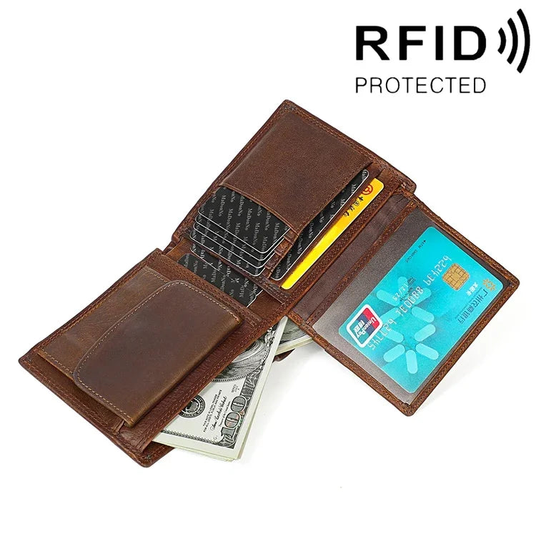 กระเป๋าสตางค์หนังลาย Crazy Horse สไตล์เรโทรแนวนอน 8020 ป้องกัน RFID สำหรับผู้ชาย พร้อมช่องใส่บัตร สีดำ 8020, กาแฟ 8020, น้ำตาลเหลือง 8020