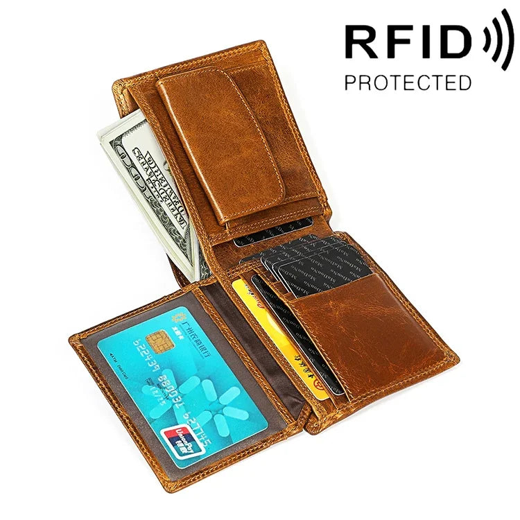 กระเป๋าสตางค์หนังลาย Crazy Horse สไตล์เรโทรแนวนอน 8020 ป้องกัน RFID สำหรับผู้ชาย พร้อมช่องใส่บัตร สีดำ 8020, กาแฟ 8020, น้ำตาลเหลือง 8020