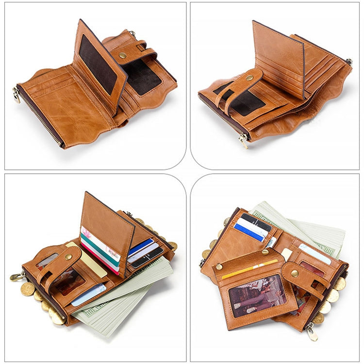 LT3539 กระเป๋าสตางค์หนังวัวซิปพร้อมหัวเข็มขัด กันแม่เหล็ก RFID สำหรับผู้ชาย มีช่องใส่บัตรและสายสะพาย LT3539 สายสะพายสีน้ำเงิน, LT3539 สายสะพายสีแดง, LT3539 สีน้ำตาลเหลือง