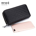 กระเป๋าสตางค์กันขโมย RFID แบบซิปคู่ทอหนังแกะ ความจุใหญ่ ใส่บัตรได้หลายใบ