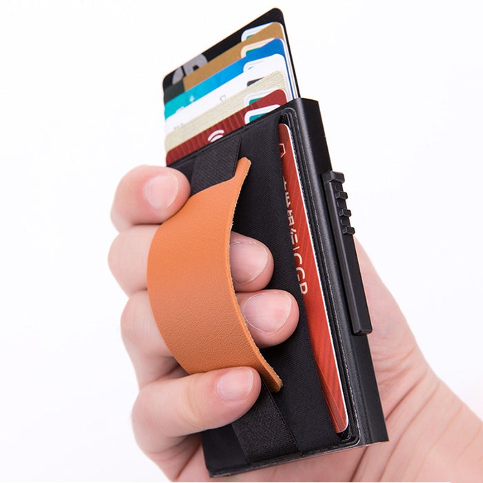 X-32C กระเป๋าสตางค์ผู้ชายอลูมิเนียมอัลลอยด์แบบปุ่มหมุน A พร้อมสายหนัง PU ป้องกัน RFID กันแม่เหล็ก เปิดอัตโนมัติ สีดำ, สีเงิน