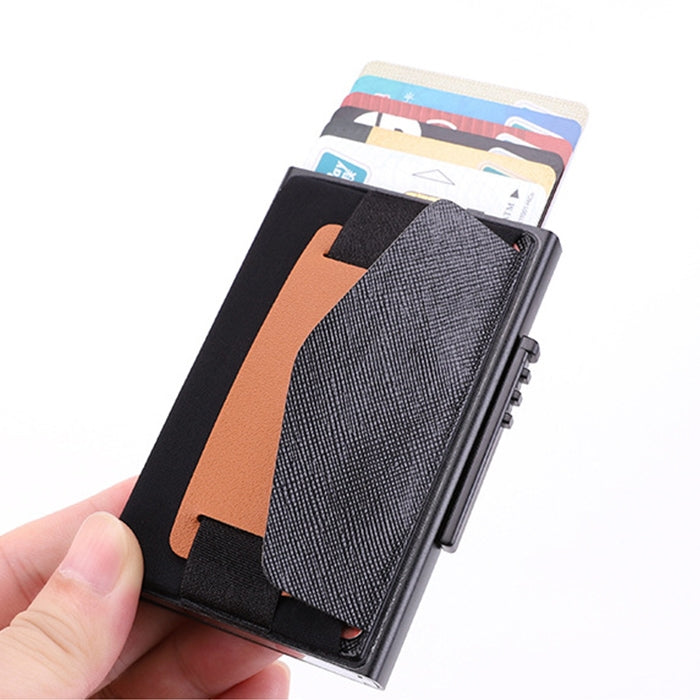 X-32C กระเป๋าสตางค์ผู้ชายอลูมิเนียมอัลลอยด์แบบปุ่มหมุน A พร้อมสายหนัง PU ป้องกัน RFID กันแม่เหล็ก เปิดอัตโนมัติ สีดำ, สีเงิน