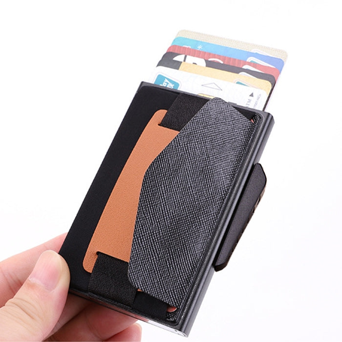 X-32C กระเป๋าสตางค์ผู้ชายอลูมิเนียมอัลลอยด์แบบปุ่มหมุน B พร้อมสายหนัง PU ป้องกัน RFID กันแม่เหล็ก เปิดอัตโนมัติ สีเทา, สีน้ำเงิน, สีดำ