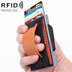 X-32C Automatically Pop-up Card Type Anti-magnetic RFID Anti-theft Men Aluminum Alloy B Dial Button Elastic Bag Wallet with PU Leather Strap, X-32C B Dial Button Blue, X-32C B Dial Button Black, X-32C B Dial Button Grey