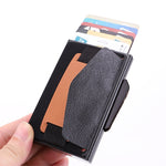 X-32C Automatically Pop-up Card Type Anti-magnetic RFID Anti-theft Men Aluminum Alloy B Dial Button Elastic Bag Wallet with PU Leather Strap, X-32C B Dial Button Blue, X-32C B Dial Button Black, X-32C B Dial Button Grey