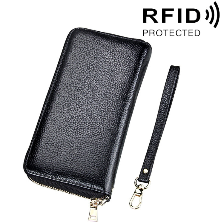 กระเป๋าสตางค์หนังวัวแท้ลายลิ้นจี่ซิปยาว ใส่บัตร ป้องกัน RFID ใส่เหรียญ กระเป๋าใส่บัตรพร้อมสายคล้องมือสำหรับผู้หญิง ขนาด: 20*10.5*3cm