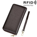 กระเป๋าสตางค์หนังวัวแท้ลายลิ้นจี่ซิปยาว ใส่บัตร ป้องกัน RFID ใส่เหรียญ กระเป๋าใส่บัตรพร้อมสายคล้องมือสำหรับผู้หญิง ขนาด: 20*10.5*3cm