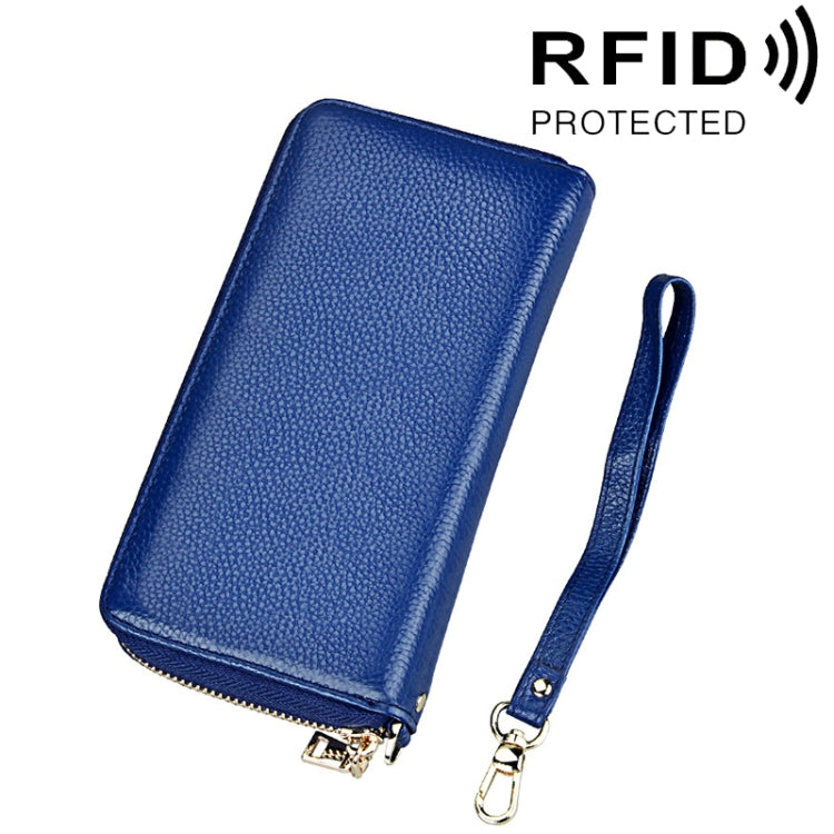 กระเป๋าสตางค์หนังวัวแท้ลายลิ้นจี่ซิปยาว ใส่บัตร ป้องกัน RFID ใส่เหรียญ กระเป๋าใส่บัตรพร้อมสายคล้องมือสำหรับผู้หญิง ขนาด: 20*10.5*3cm