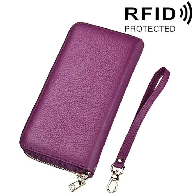 กระเป๋าสตางค์หนังวัวแท้ลายลิ้นจี่ซิปยาว ใส่บัตร ป้องกัน RFID ใส่เหรียญ กระเป๋าใส่บัตรพร้อมสายคล้องมือสำหรับผู้หญิง ขนาด: 20*10.5*3cm