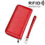 กระเป๋าสตางค์หนังวัวแท้ลายลิ้นจี่ซิปยาว ใส่บัตร ป้องกัน RFID ใส่เหรียญ กระเป๋าใส่บัตรพร้อมสายคล้องมือสำหรับผู้หญิง ขนาด: 20*10.5*3cm