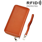 กระเป๋าสตางค์หนังวัวแท้ลายลิ้นจี่ซิปยาว ใส่บัตร ป้องกัน RFID ใส่เหรียญ กระเป๋าใส่บัตรพร้อมสายคล้องมือสำหรับผู้หญิง ขนาด: 20*10.5*3cm
